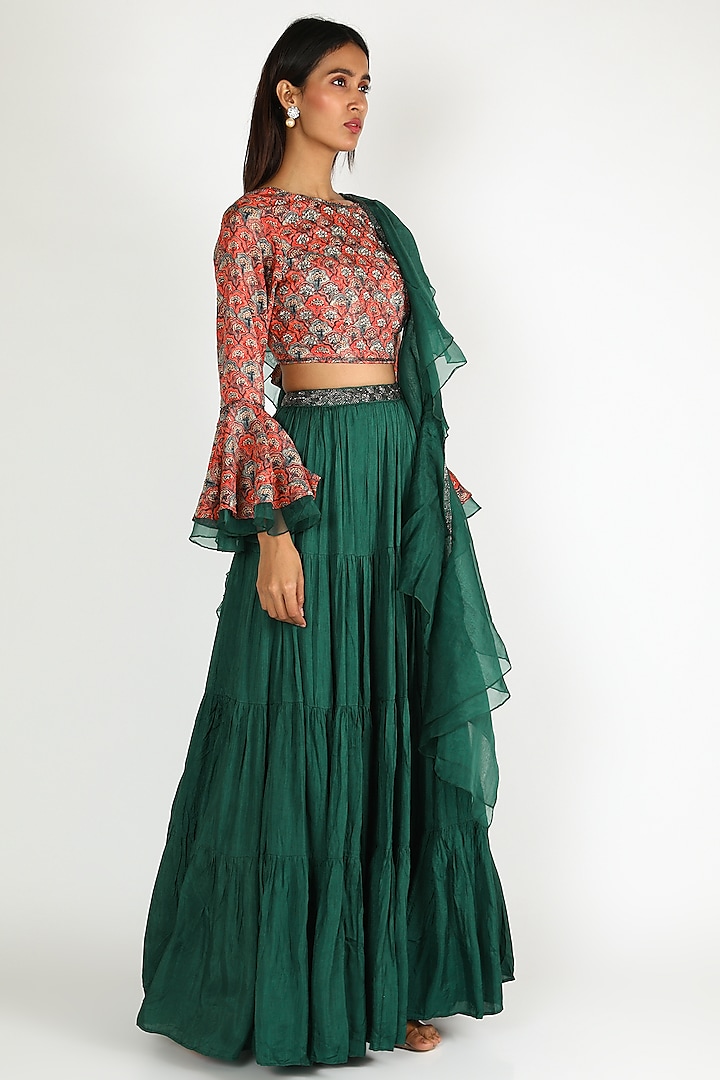 Midnight Green Printed & Embellished Skirt Set by Basil Leaf