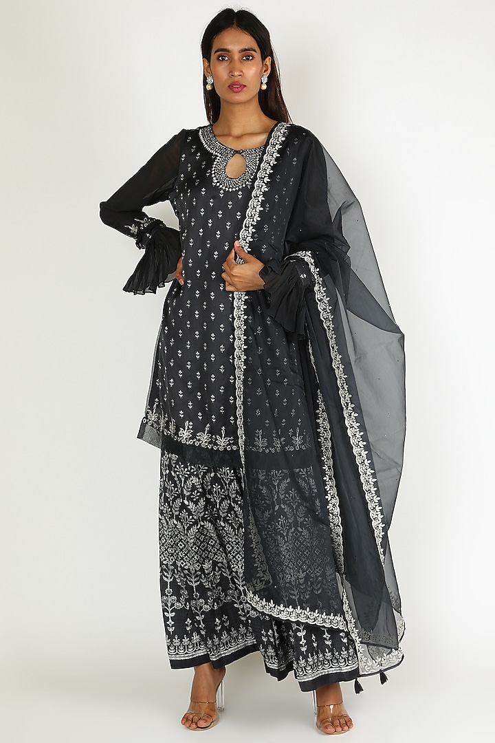 Charcoal Black Printed & Embroidered Sharara Set by Basil Leaf