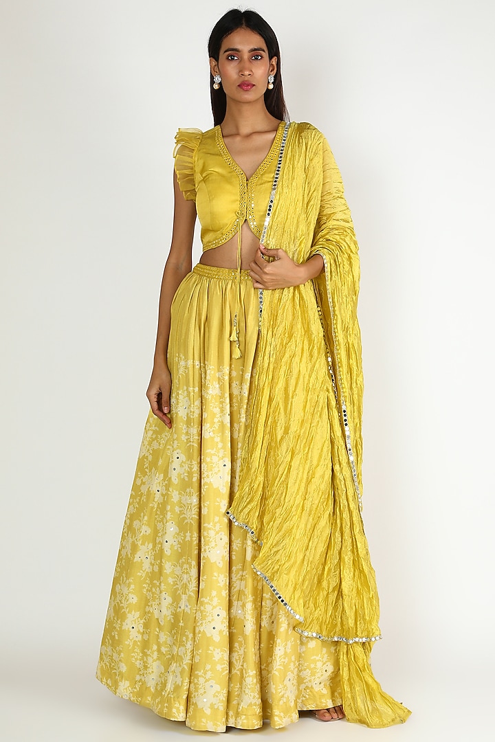 Lime Yellow Printed & Embroidered Skirt Set With Belt by Basil Leaf at Pernia's Pop Up Shop