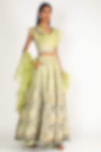 Sea Green Hand Embroidered & Printed Wedding Lehenga Set by Basil Leaf at Pernia's Pop Up Shop