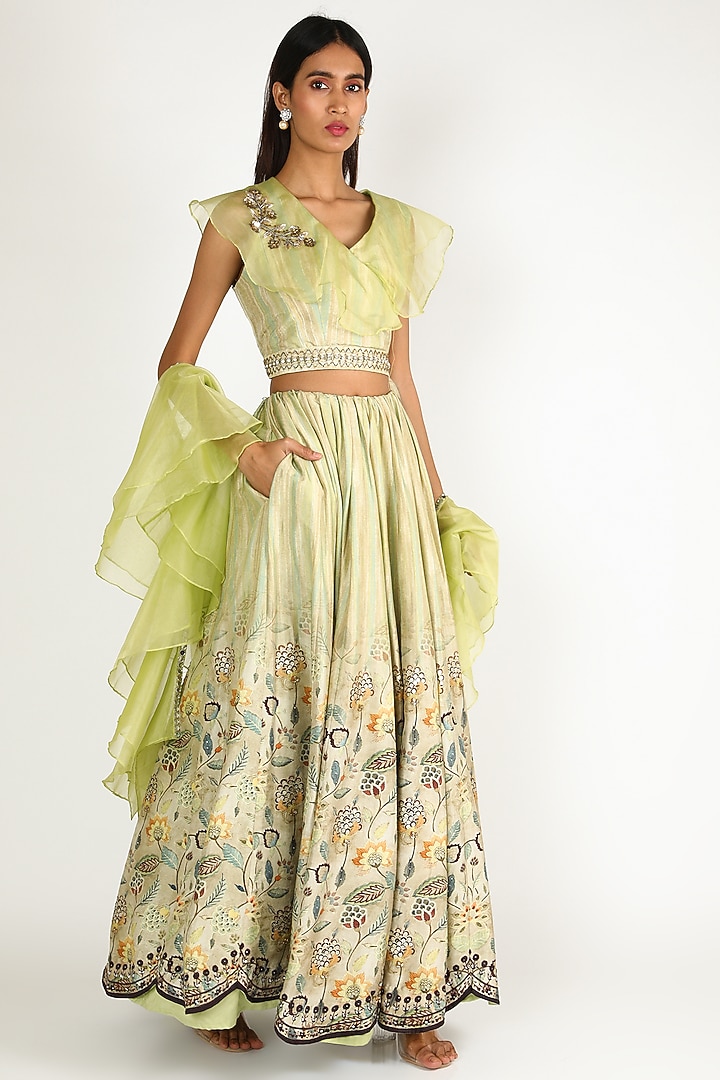 Sea Green Hand Embroidered & Printed Wedding Lehenga Set by Basil Leaf at Pernia's Pop Up Shop