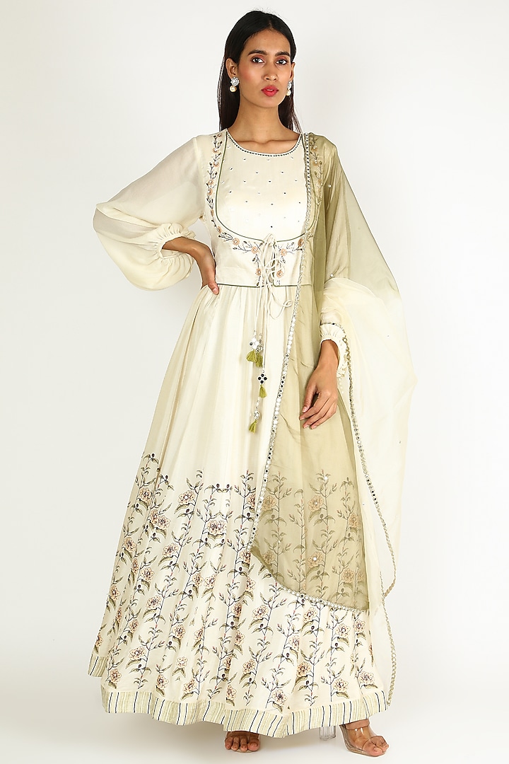 Beige Embroidered & Printed Gown With Jacket by Basil Leaf