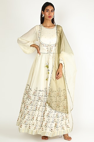 Beige Embroidered & Printed Gown With Jacket by Basil Leaf