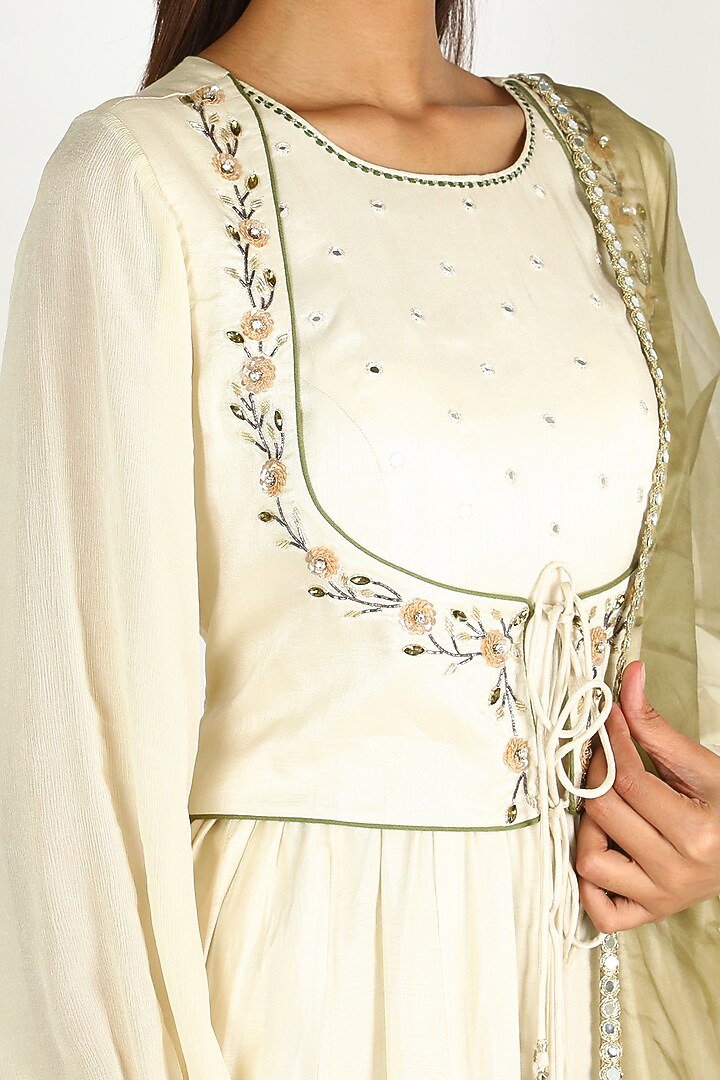 Beige Embroidered & Printed Gown With Jacket by Basil Leaf at Pernia's Pop Up Shop