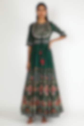 Bottle Green Embroidered Gown With Jacket by Basil Leaf at Pernia's Pop Up Shop