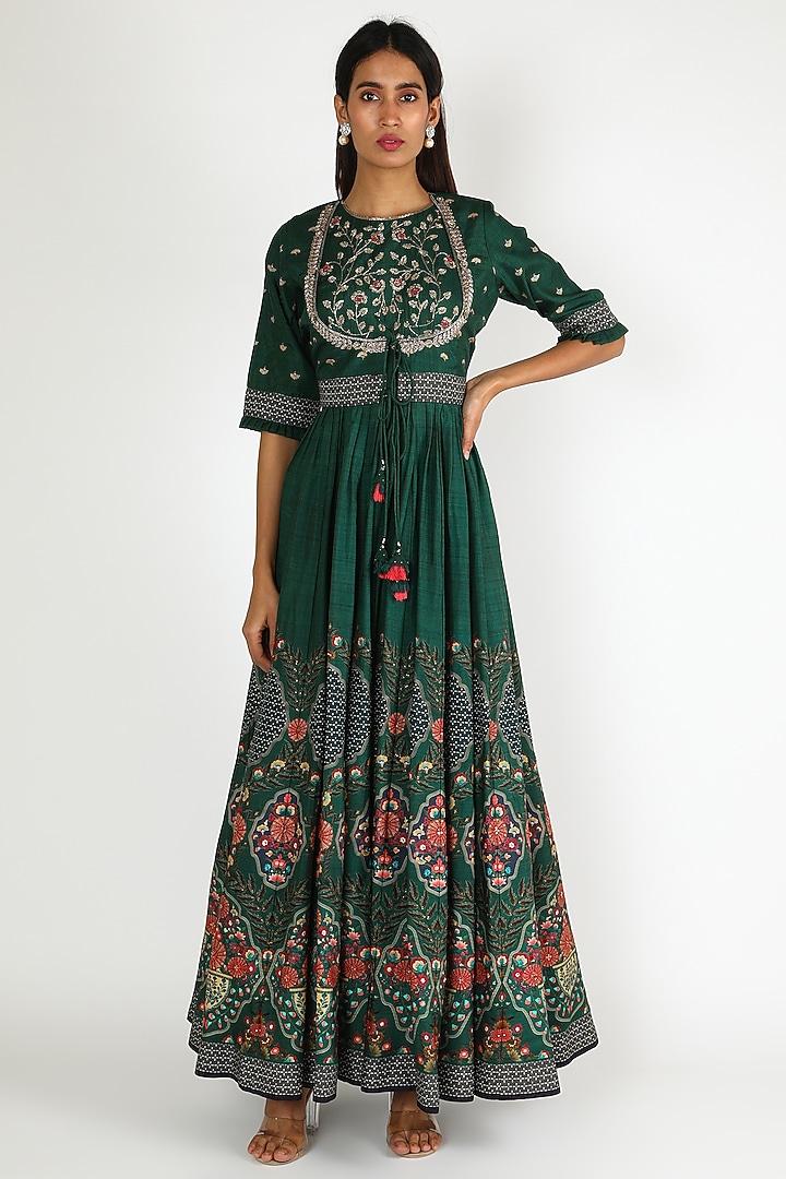 Bottle Green Embroidered Gown With Jacket by Basil Leaf at Pernia's Pop Up Shop