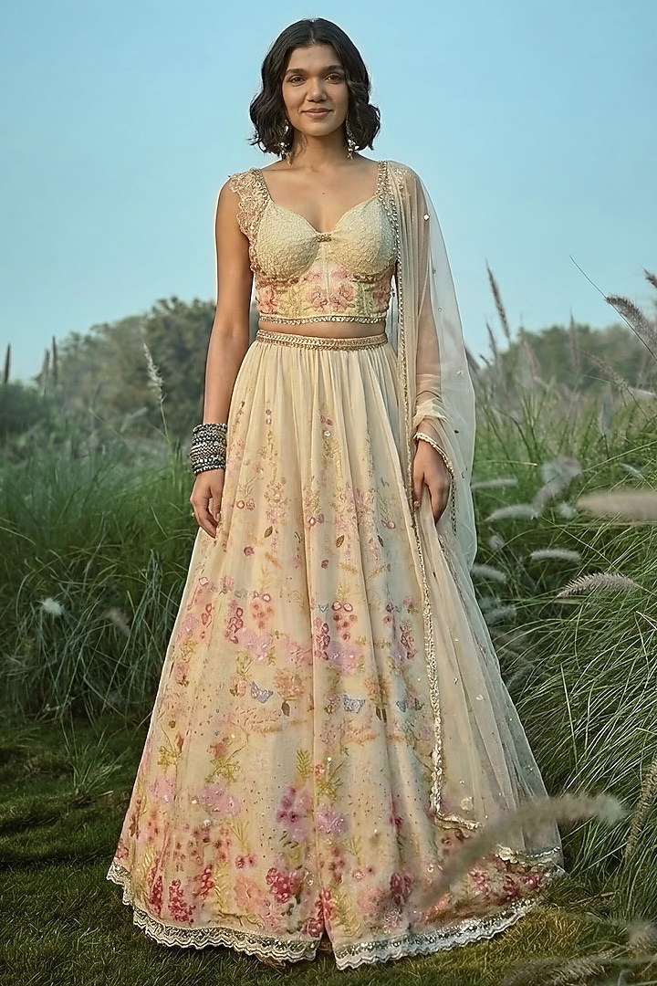 Off-White Tissue Floral Wedding Lehenga Set by Basil Leaf at Pernia's Pop Up Shop