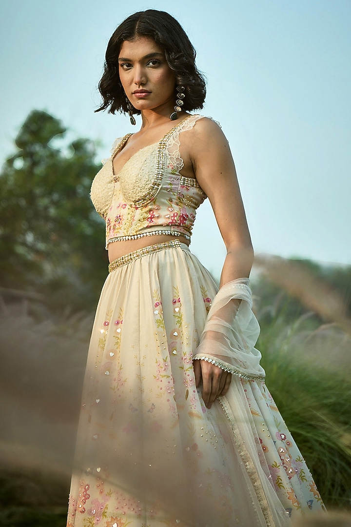 Off-White Tissue Floral Wedding Lehenga Set by Basil Leaf at Pernia's Pop Up Shop