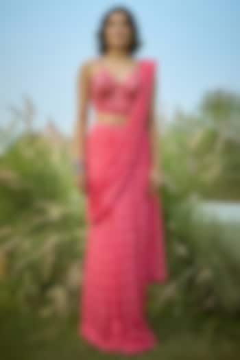 Pink Chiffon Embroidered Pre-Draped Wedding Saree Set by Basil Leaf at Pernia's Pop Up Shop