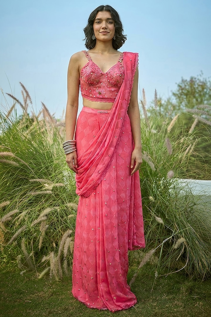 Pink Chiffon Embroidered Pre-Draped Wedding Saree Set by Basil Leaf at Pernia's Pop Up Shop