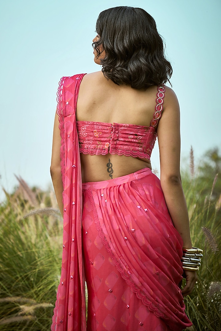 Pink Chiffon Embroidered Pre-Draped Wedding Saree Set by Basil Leaf at Pernia's Pop Up Shop
