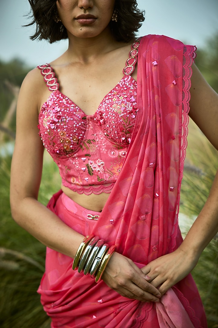 Pink Chiffon Embroidered Pre-Draped Wedding Saree Set by Basil Leaf at Pernia's Pop Up Shop