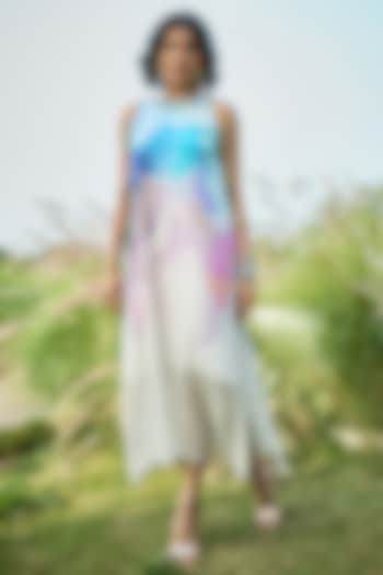 Blue & Off-White Chiffon Floral Midi Vacation Dress by Basil Leaf at Pernia's Pop Up Shop