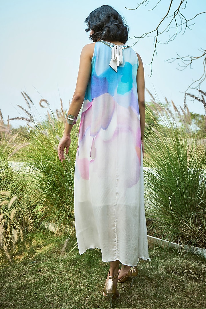 Blue & Off-White Chiffon Floral Midi Vacation Dress by Basil Leaf at Pernia's Pop Up Shop