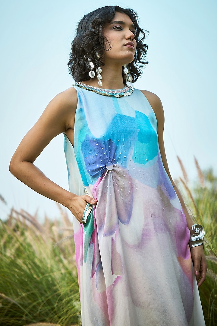 Blue & Off-White Chiffon Floral Midi Vacation Dress by Basil Leaf at Pernia's Pop Up Shop