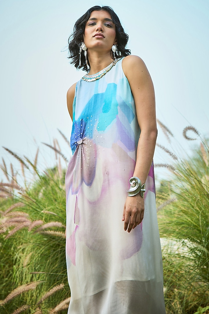Blue & Off-White Chiffon Floral Midi Vacation Dress by Basil Leaf at Pernia's Pop Up Shop