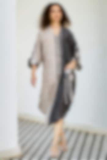 Charcoal Linen Silk Printed Midi Summer Dress by Basil Leaf at Pernia's Pop Up Shop