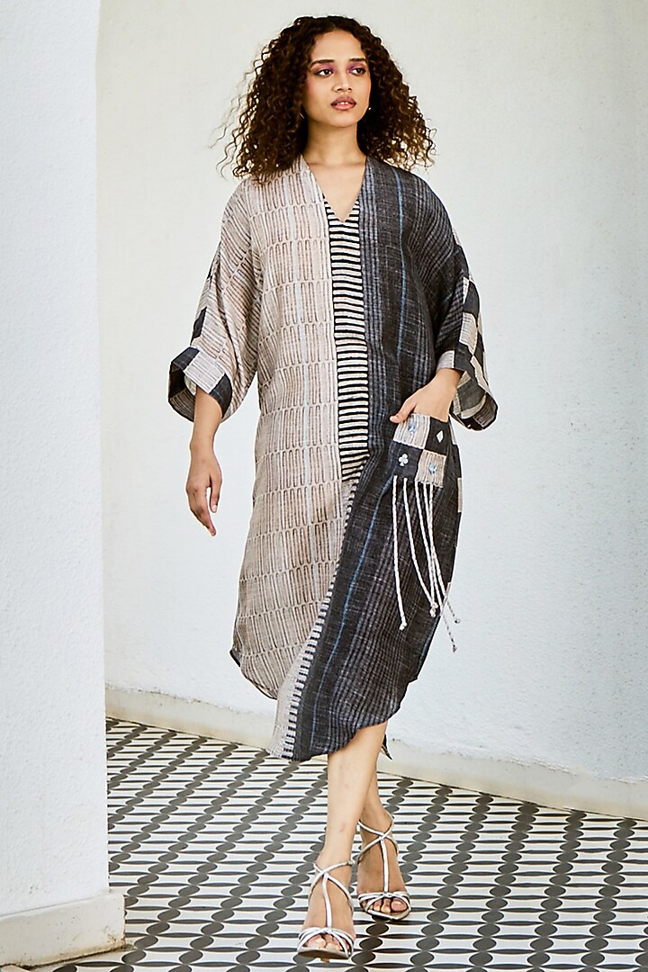 Charcoal Linen Silk Printed Midi Summer Dress by Basil Leaf at Pernia's Pop Up Shop