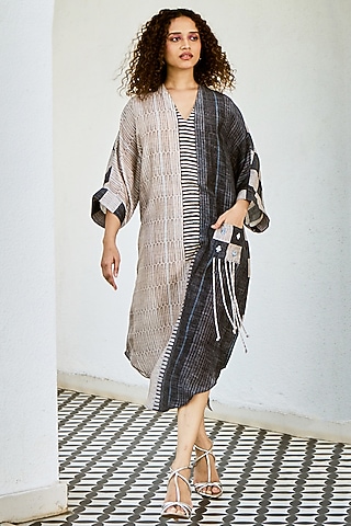 Charcoal Linen Silk Printed Midi Dress by Basil Leaf