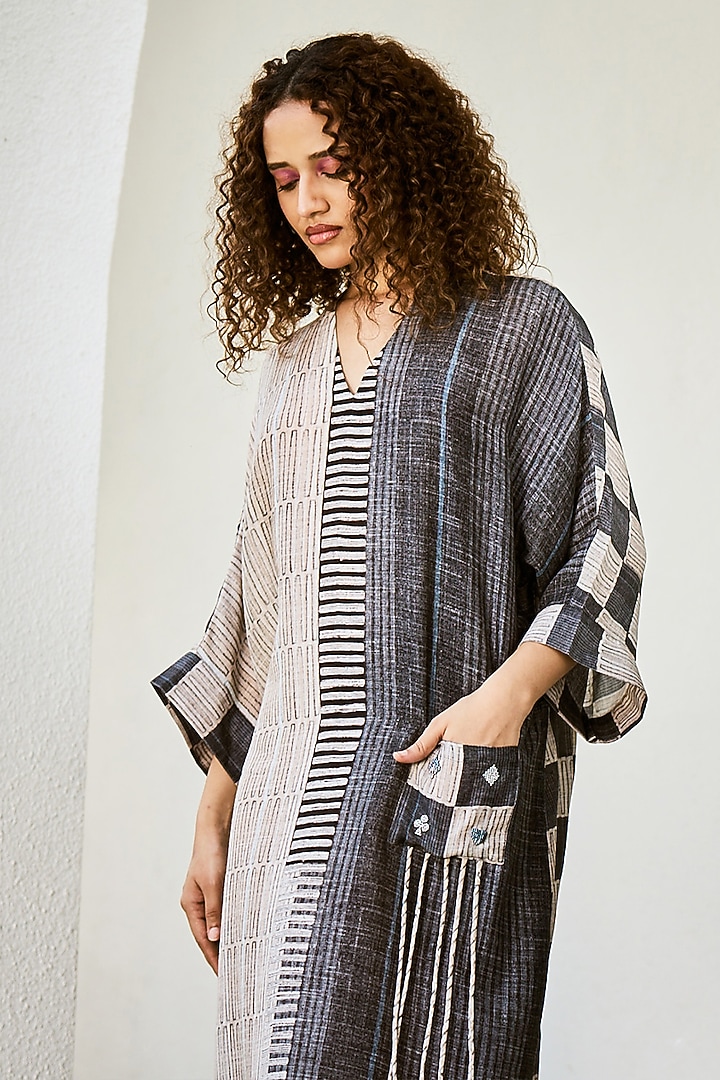 Charcoal Linen Silk Printed Midi Summer Dress by Basil Leaf at Pernia's Pop Up Shop