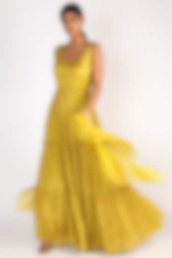Yellow Floral Printed Gown by Basil Leaf