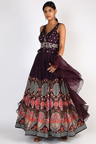 Wine Floral Printed Flared Lehenga Set by Basil Leaf