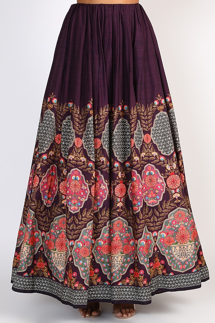 Wine Floral Printed Flared Wedding Lehenga Set by Basil Leaf at Pernia's Pop Up Shop