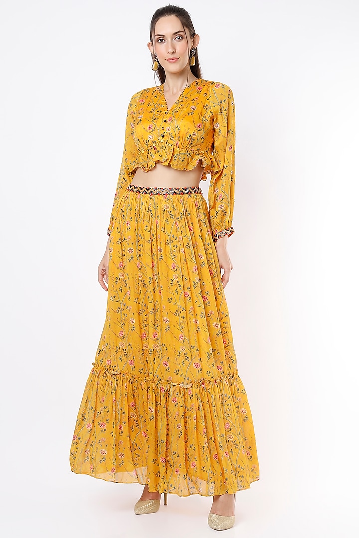 Mustard Printed Lehenga Set by Basil Leaf at Pernia's Pop Up Shop