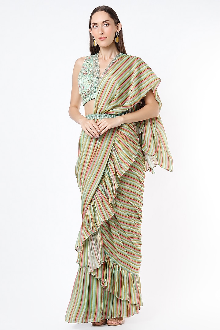 Aqua Blue Chiffon Striped Printed Ruffled Saree Set by Basil Leaf