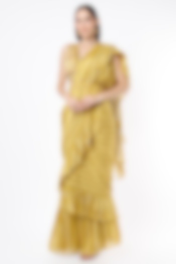 Yellow Printed Ruffled Saree Set by Basil Leaf