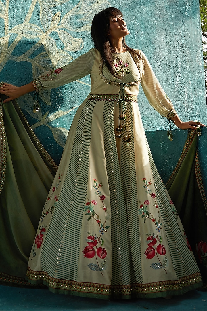 Beige Viscose Tussar & Chiffon Printed Gown With Dupatta by Basil Leaf