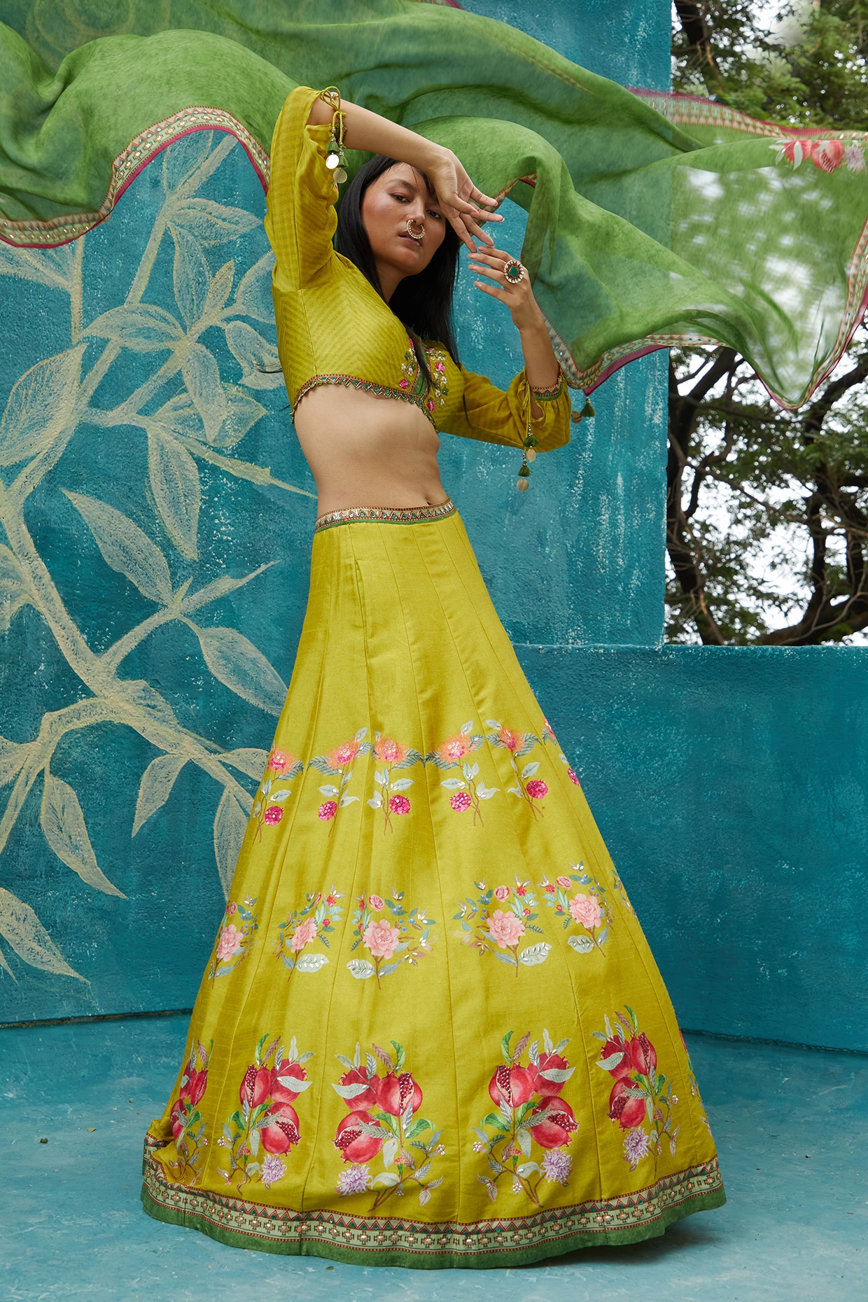 Crop Top Lehenga : Yellow georgette printed crop top lehenga