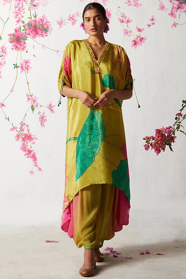 Olive Chinon Chiffon Asymmetric Kurta Set by Basil Leaf at Pernia's Pop Up Shop