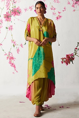 Olive Chinon Chiffon Asymmetric Kurta Set by Basil Leaf