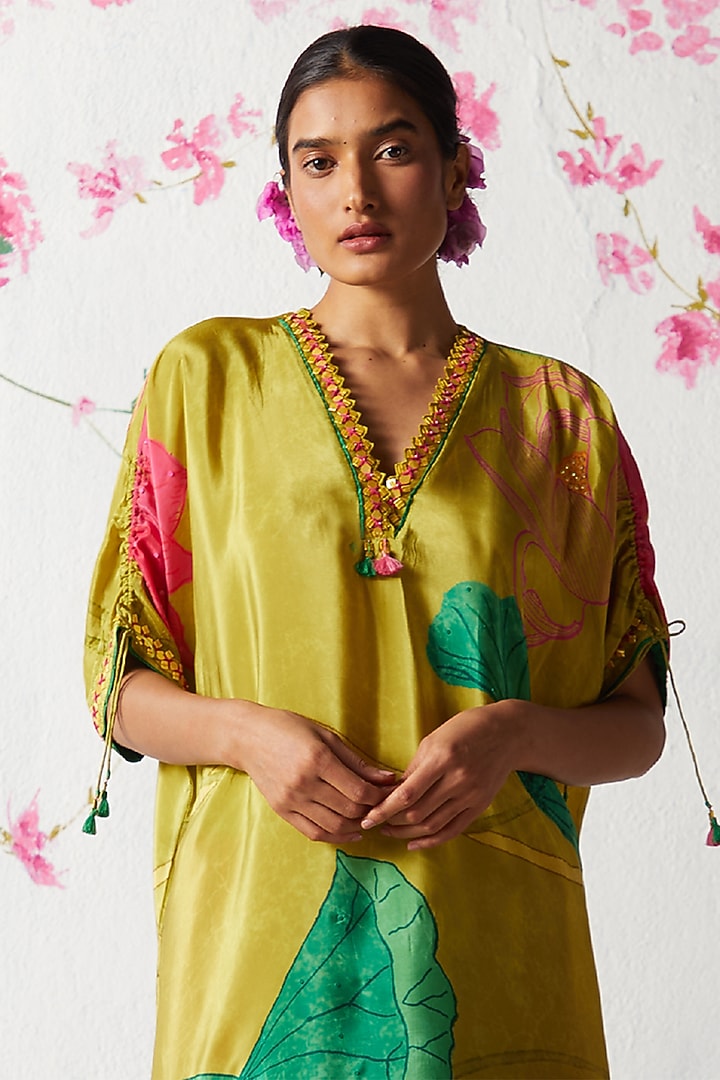 Olive Chinon Chiffon Asymmetric Kurta Set by Basil Leaf at Pernia's Pop Up Shop
