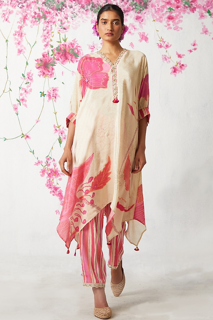 Beige Natural Crepe Kurta Set by Basil Leaf