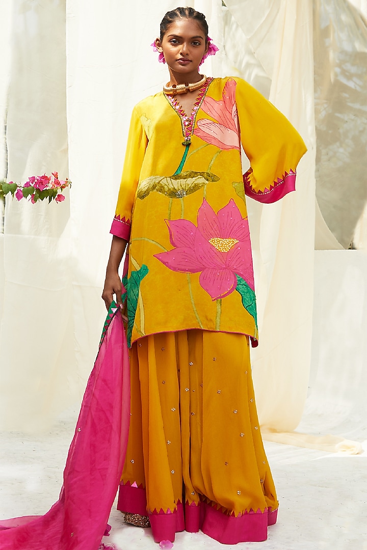 Yellow Chinon Chiffon Sharara Set by Basil Leaf at Pernia's Pop Up Shop