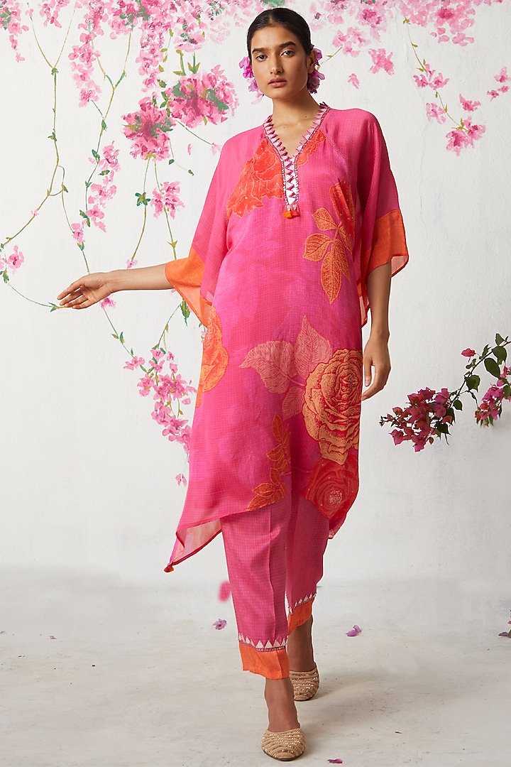 Pink Chinon Chiffon Kurta Set by Basil Leaf