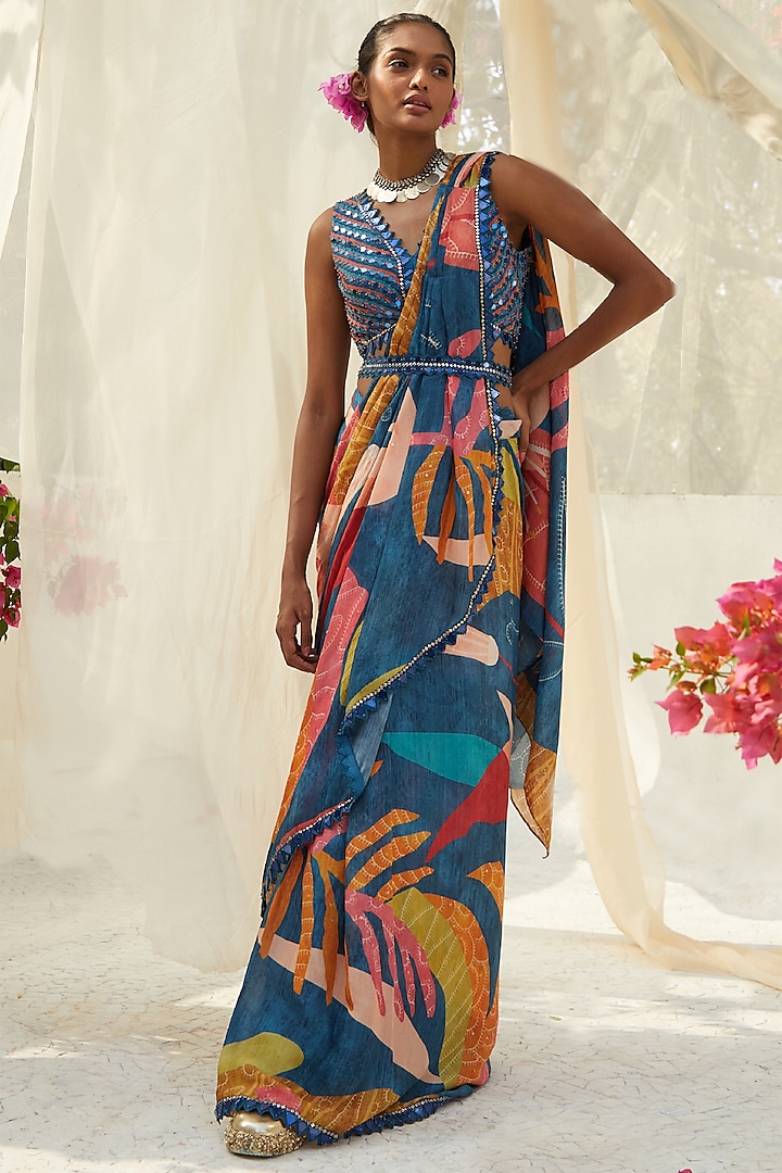 Blue Chinon Chiffon Printed Pre-Draped Saree Set by Basil Leaf at Pernia's Pop Up Shop