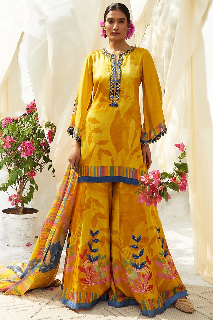 Mustard Gajji Satin Printed Sharara Set by Basil Leaf at Pernia's Pop Up Shop