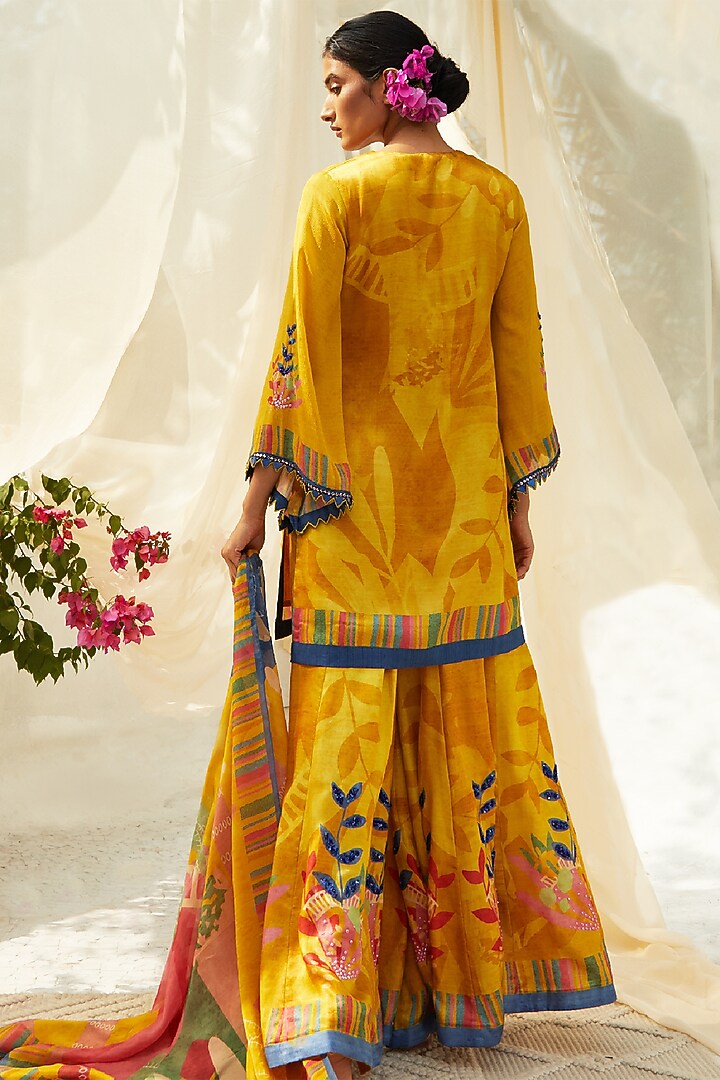 Mustard Gajji Satin Printed Wedding Sharara Set by Basil Leaf at Pernia's Pop Up Shop