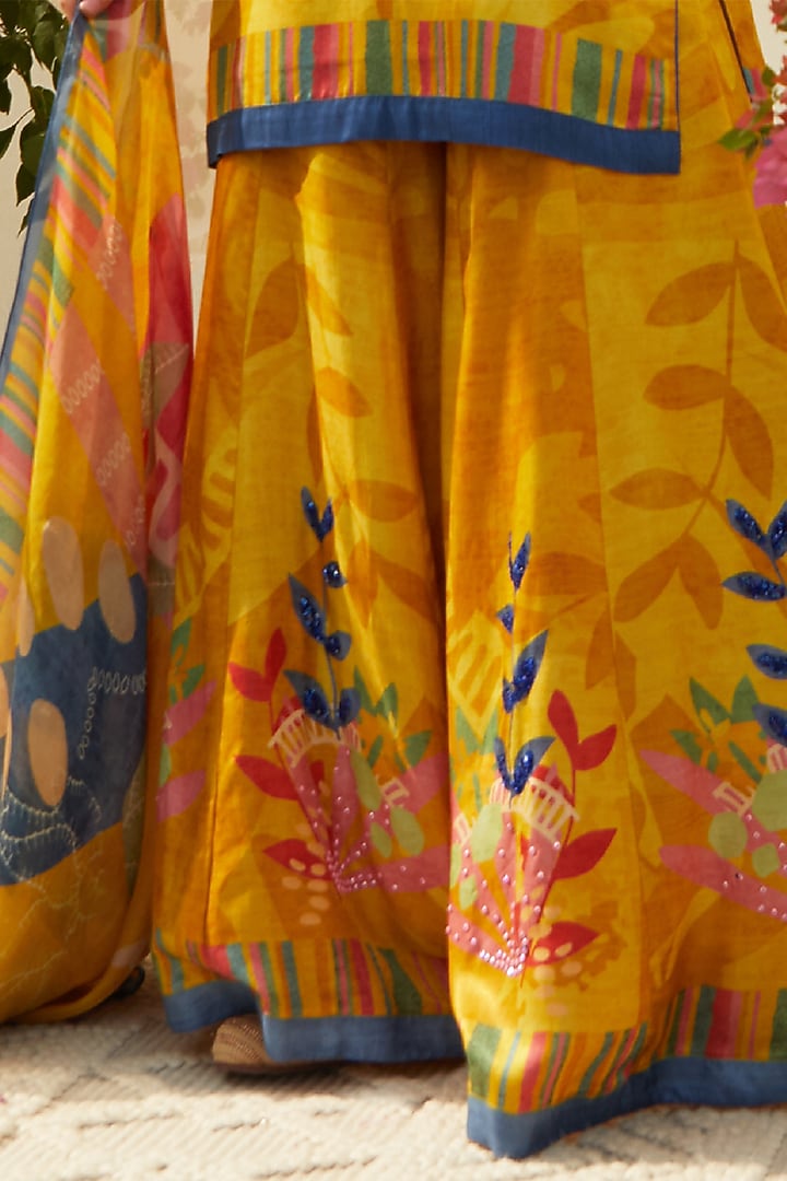 Mustard Gajji Satin Printed Wedding Sharara Set by Basil Leaf at Pernia's Pop Up Shop
