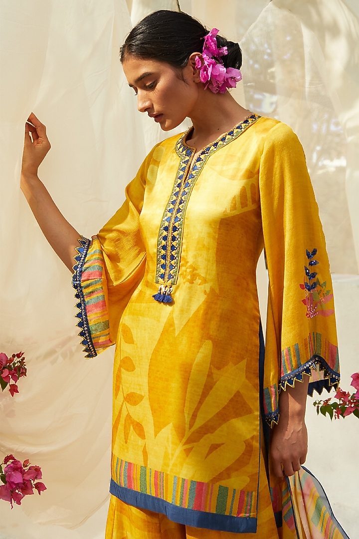 Mustard Gajji Satin Printed Wedding Sharara Set by Basil Leaf at Pernia's Pop Up Shop