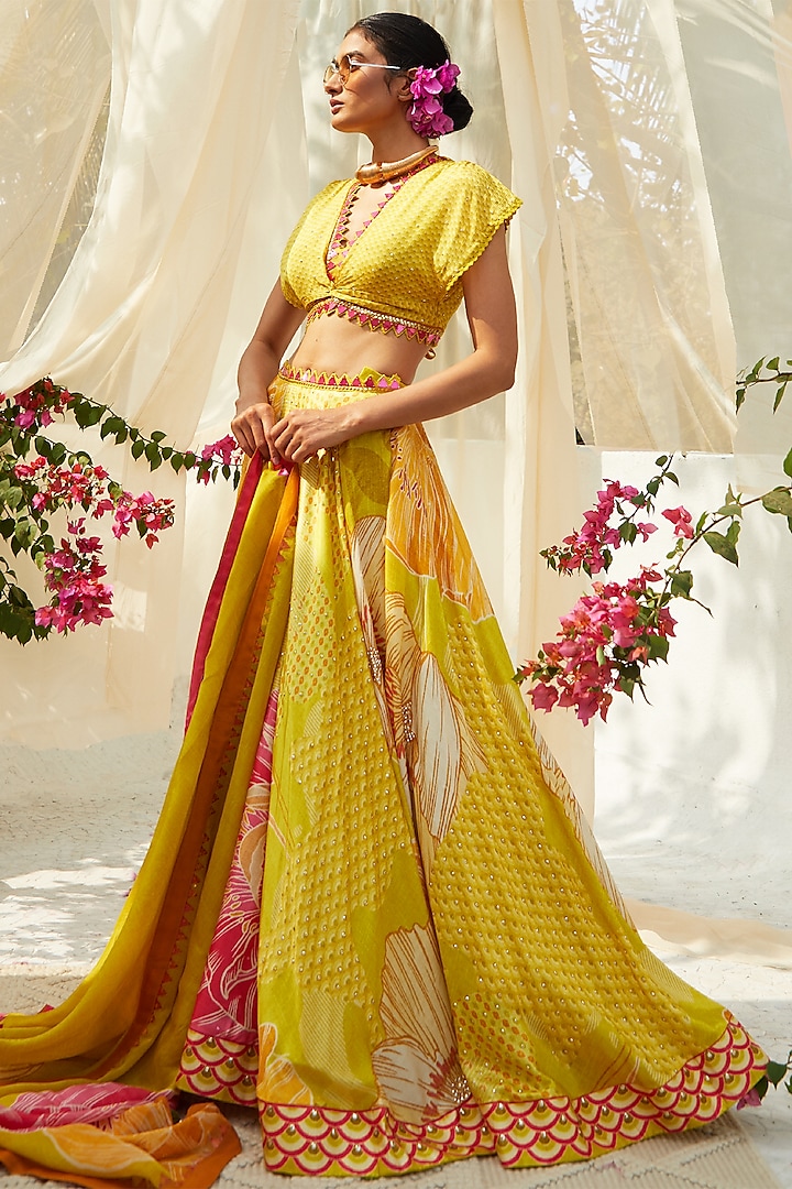 Yellow Gajji Satin Motif Embellished Floral Wedding Lehenga Set by Basil Leaf at Pernia's Pop Up Shop