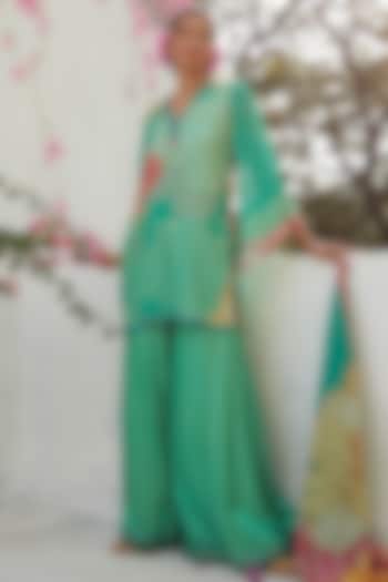 Aqua Gajji Satin Party Wear Sharara Set by Basil Leaf at Pernia's Pop Up Shop