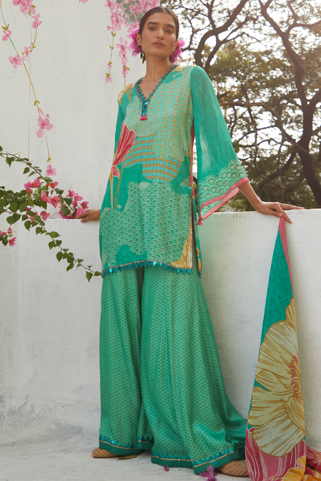 Aqua Gajji Satin Party Wear Sharara Set by Basil Leaf at Pernia's Pop Up Shop