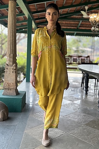 Yellow Chiffon & Linen Silk Co-Ord Set by Basil Leaf