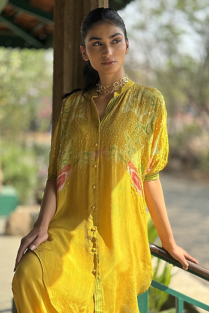 Yellow Chiffon & Linen Silk Co-Ord Set by Basil Leaf at Pernia's Pop Up Shop