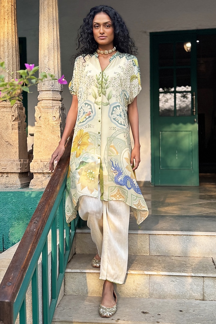 Ivory Chiffon & Linen Silk Co-Ord Set by Basil Leaf at Pernia's Pop Up Shop