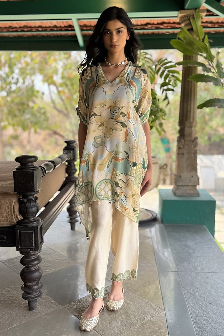Off-White Chiffon & Linen Silk Co-Ord Set by Basil Leaf at Pernia's Pop Up Shop
